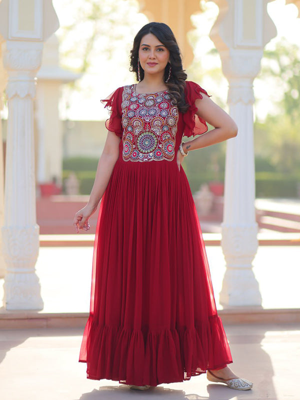 Maroon Sequins Multi Threaded Embroidered Work Gown