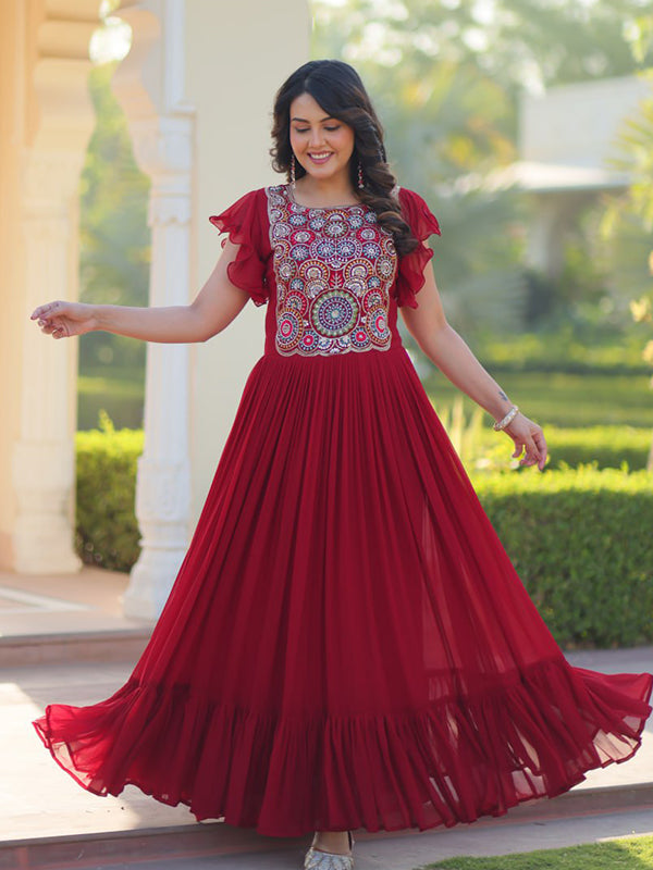 Maroon Sequins Multi Threaded Embroidered Work Gown