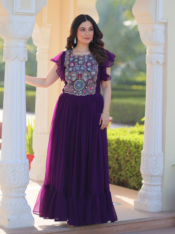 Purple Sequins Multi Threaded Embroidered Work Gown