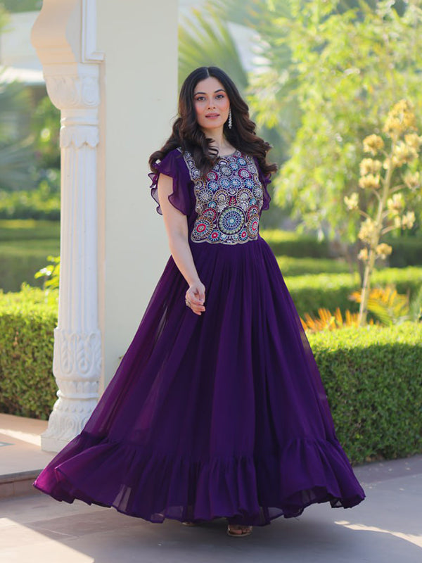 Purple Sequins Multi Threaded Embroidered Work Gown