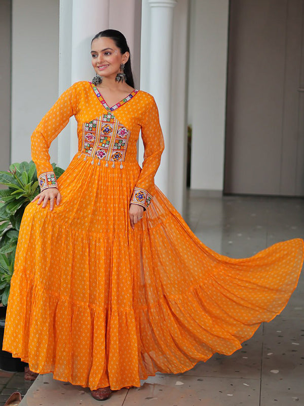 Yellow Bandhani Printed kutchi Patch Work Gown