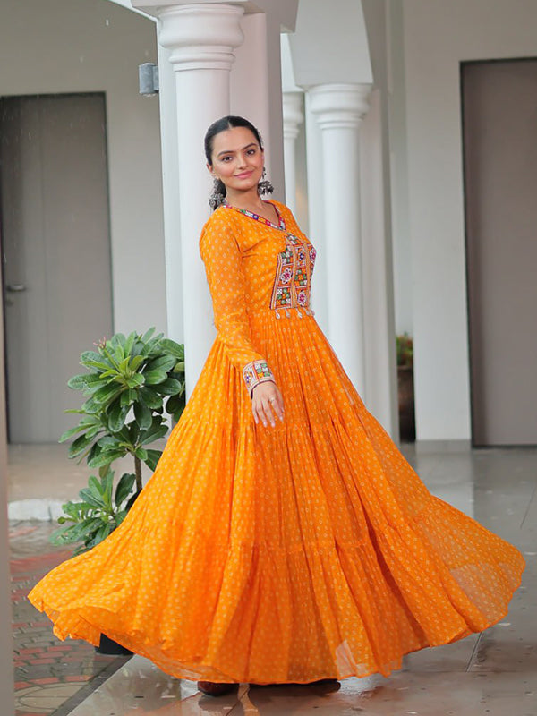 Yellow Bandhani Printed kutchi Patch Work Gown