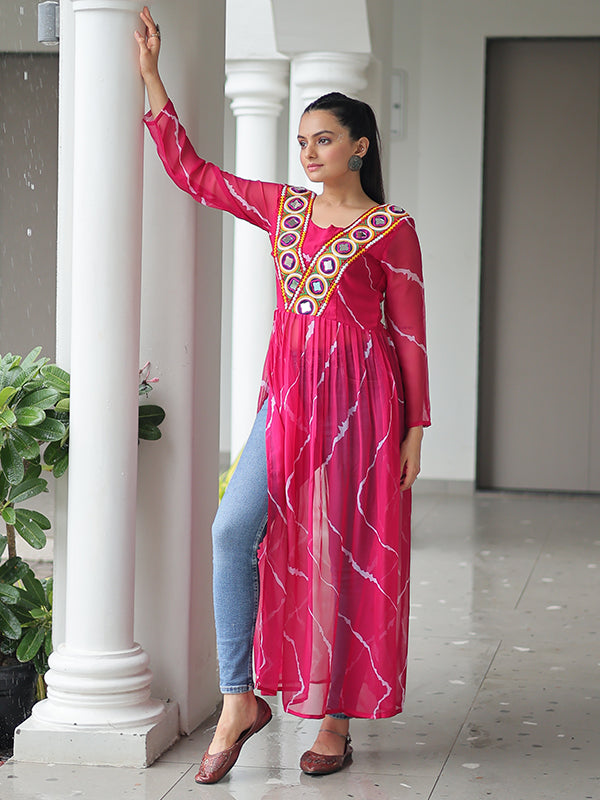 Pink Laheriya Printed Kutchi Patchwork Georgette Long Kurti