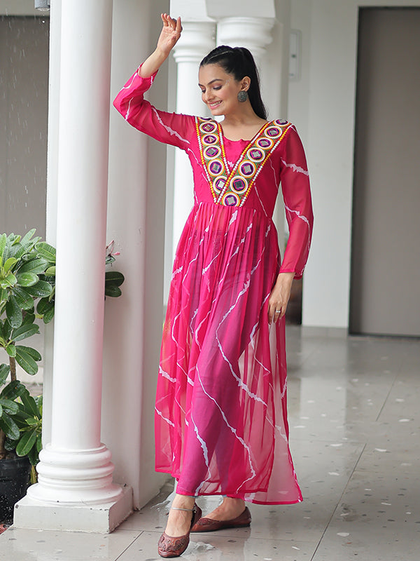 Pink Laheriya Printed Kutchi Patchwork Georgette Long Kurti