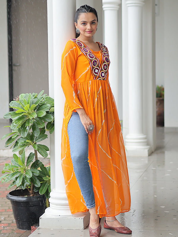 Yellow Laheriya Printed Kutchi Patchwork Georgette Long Kurti