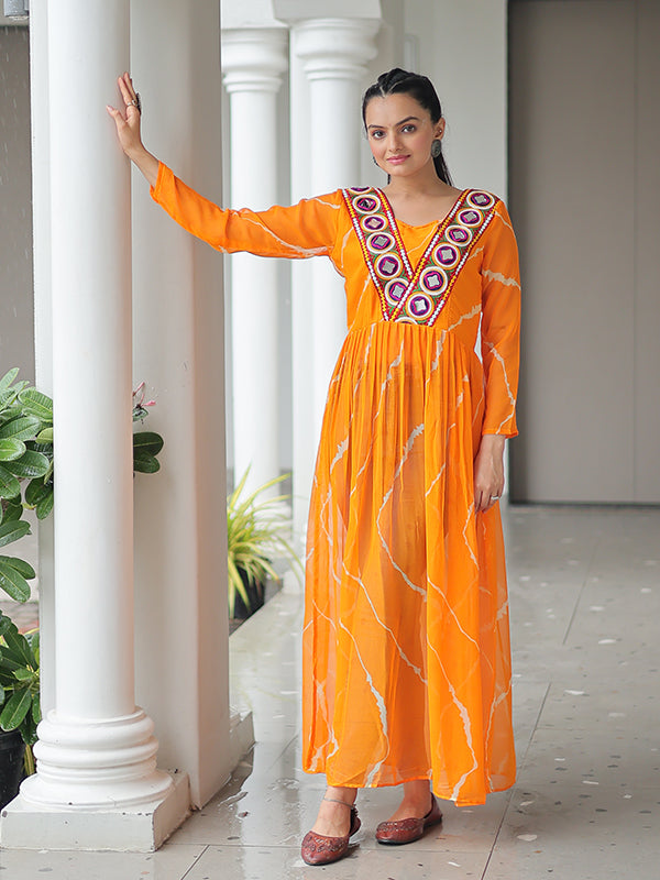 Yellow Laheriya Printed Kutchi Patchwork Georgette Long Kurti