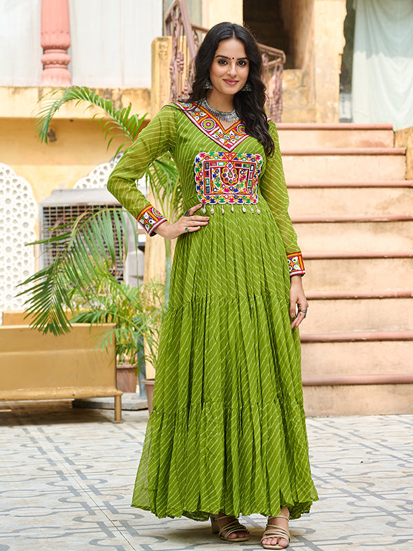 Parrot Green Laheriya Printed kutchi Patch Work Georgette Gown