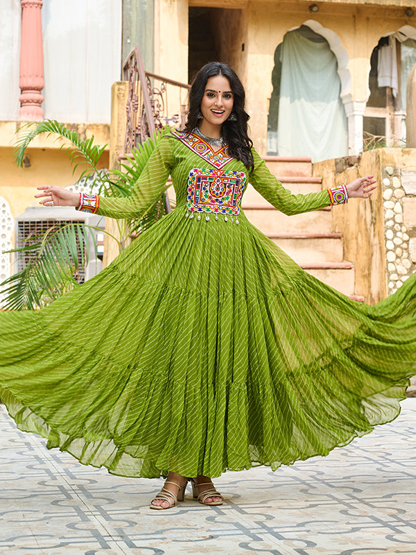 Parrot Green Laheriya Printed kutchi Patch Work Georgette Gown
