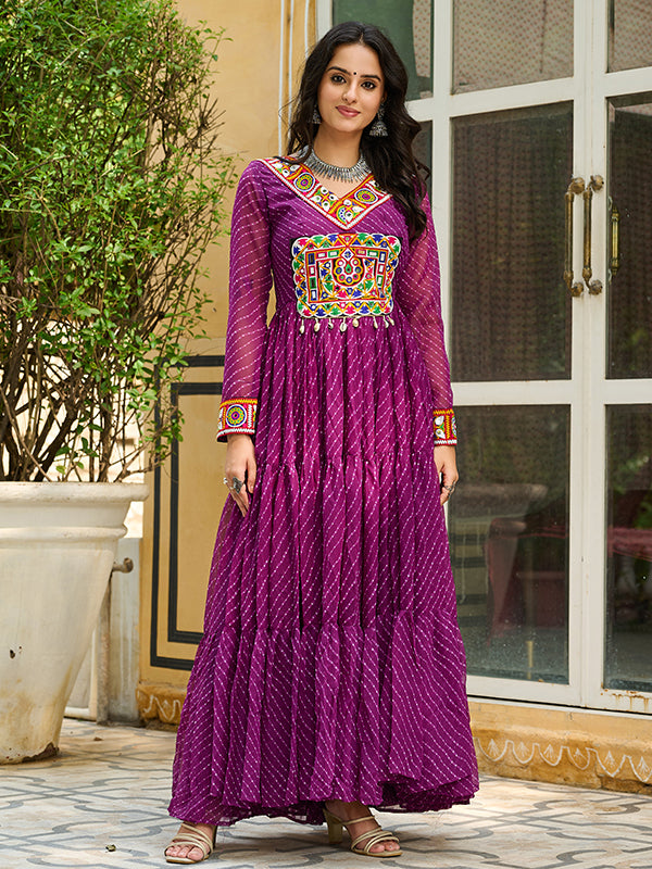 Wine Laheriya Printed kutchi Patch Work Georgette Gown