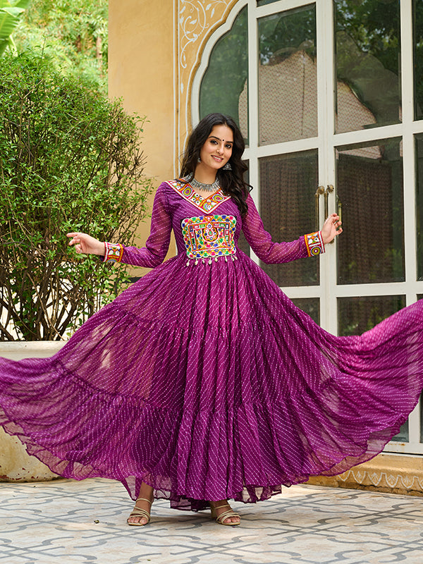 Wine Laheriya Printed kutchi Patch Work Georgette Gown