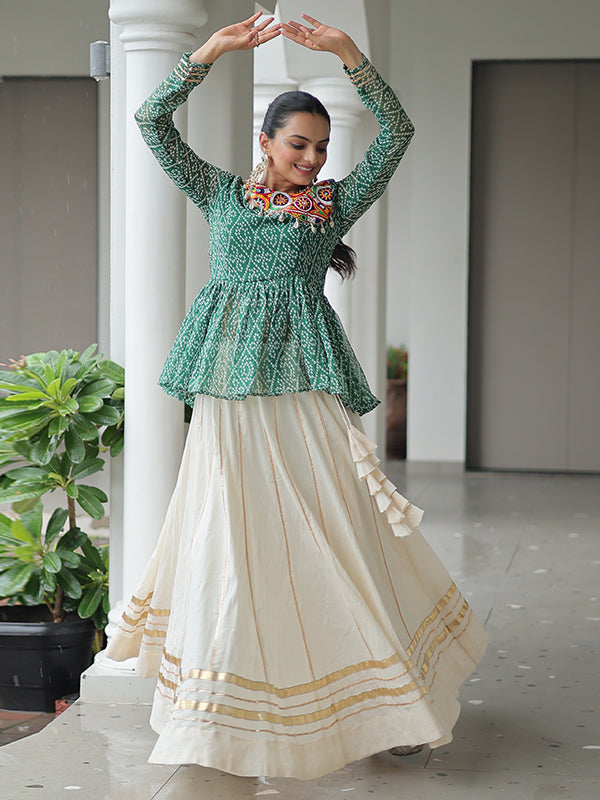 Green Bandhani Printed Kutchi Gamthi Work Top With Off White Lehenga