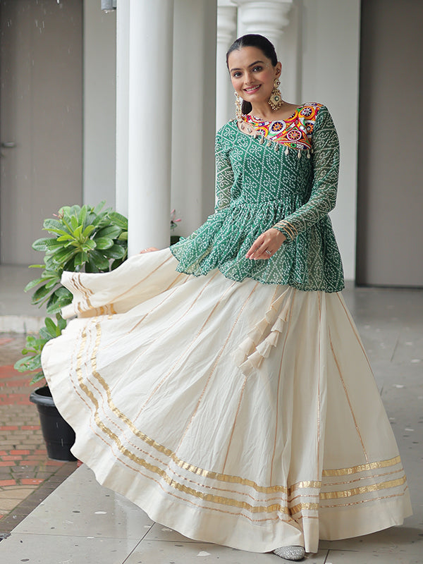 Green Bandhani Printed Kutchi Gamthi Work Top With Off White Lehenga