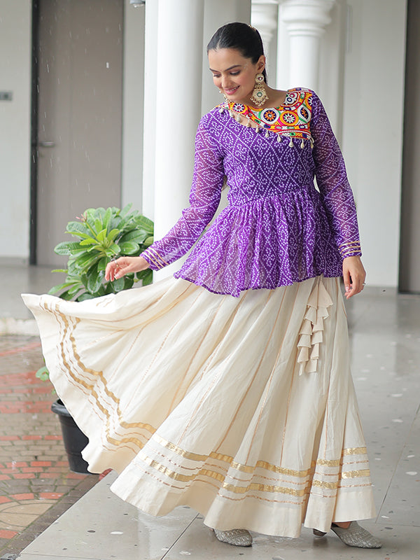 Purple Bandhani Printed Kutchi Gamthi Work Top With Off White Lehenga