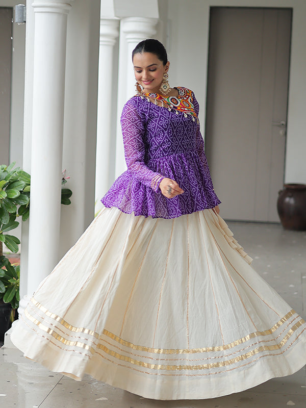 Purple Bandhani Printed Kutchi Gamthi Work Top With Off White Lehenga