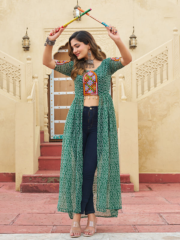 Green Bandhani Print Kutchi Patchwork Front Open Long Kurti
