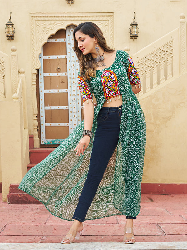 Green Bandhani Print Kutchi Patchwork Front Open Long Kurti
