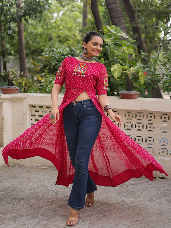 Pink Bandhani Print Kutchi Patchwork Front Open Long Georgette Kurti