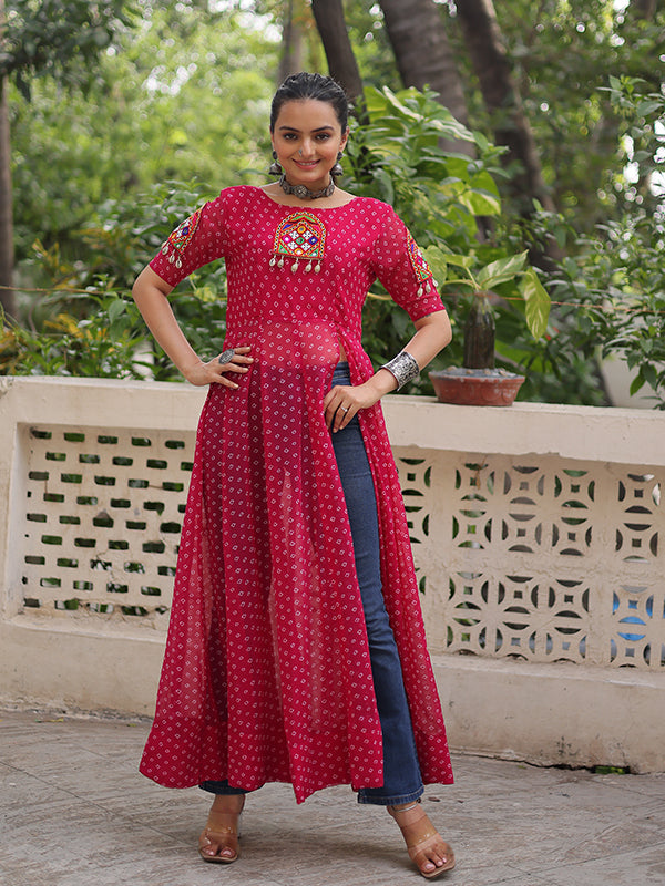 Pink Bandhani Print Kutchi Patchwork Front Open Long Georgette Kurti