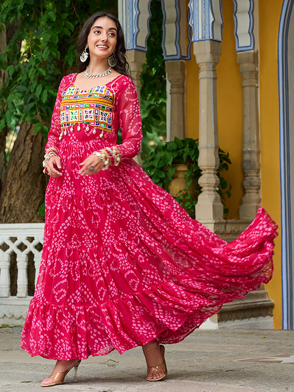 Pink Bandhani Printed Kutchi Patch Work Georgette Gown