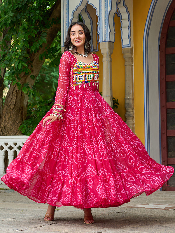 Pink Bandhani Printed Kutchi Patch Work Georgette Gown