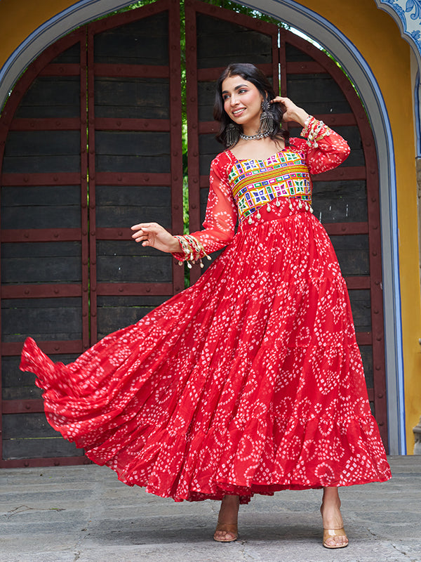 Red Bandhani Printed Kutchi Patch Work Georgette Gown