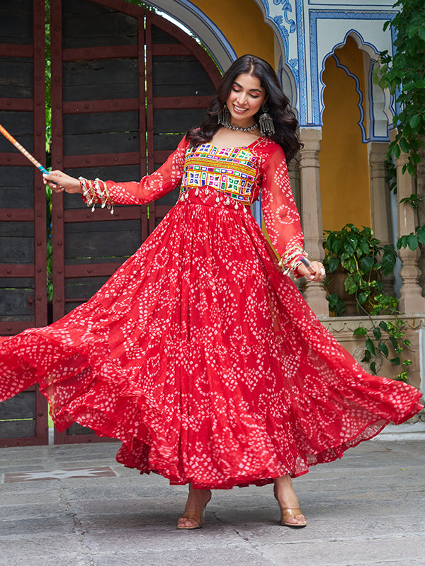 Red Bandhani Printed Kutchi Patch Work Georgette Gown