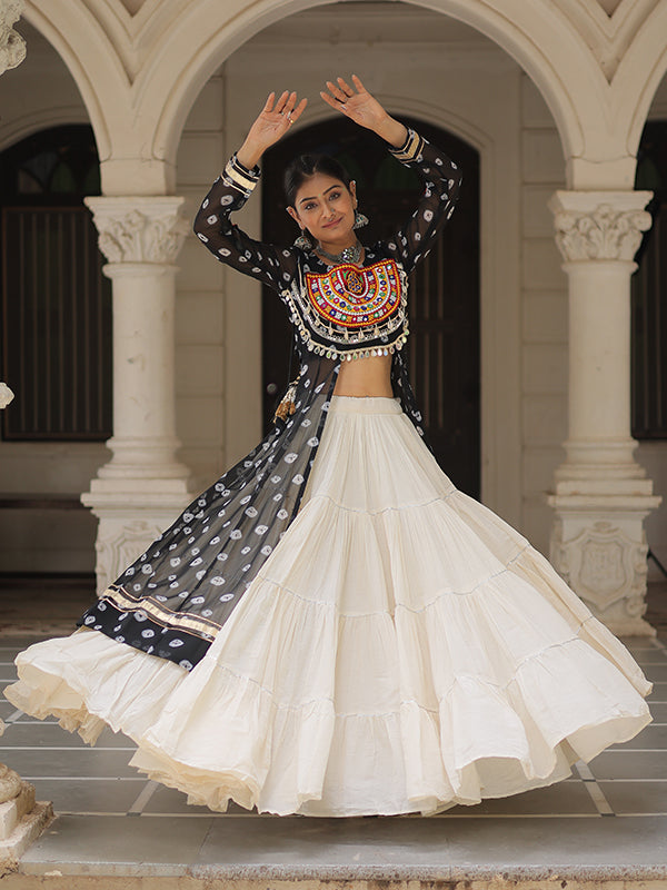 Black Bandhani Printed Long Kurti With Off White Lehenga
