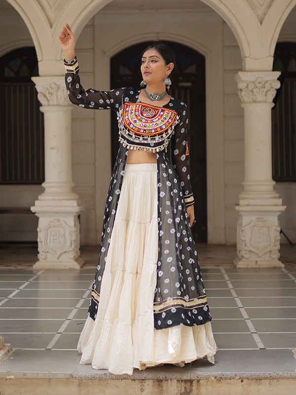 Black Bandhani Printed Long Kurti With Off White Lehenga