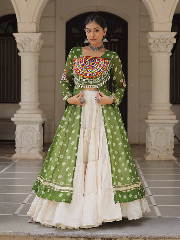 Parrot Green Bandhani Printed Long Kurti With Off White Lehenga