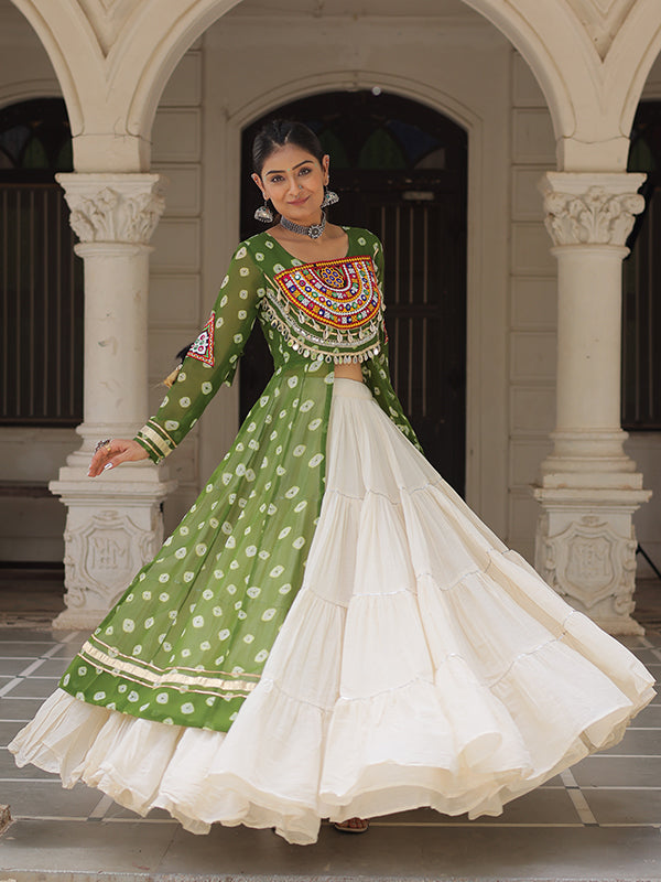 Parrot Green Bandhani Printed Long Kurti With Off White Lehenga