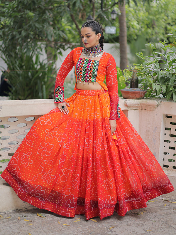 Orange Bandhani Printed Kutchi Gamthi Patch Work Lehenga Choli