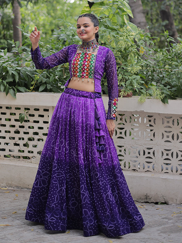 Purple Bandhani Printed Kutchi Gamthi Patch Work Lehenga Choli