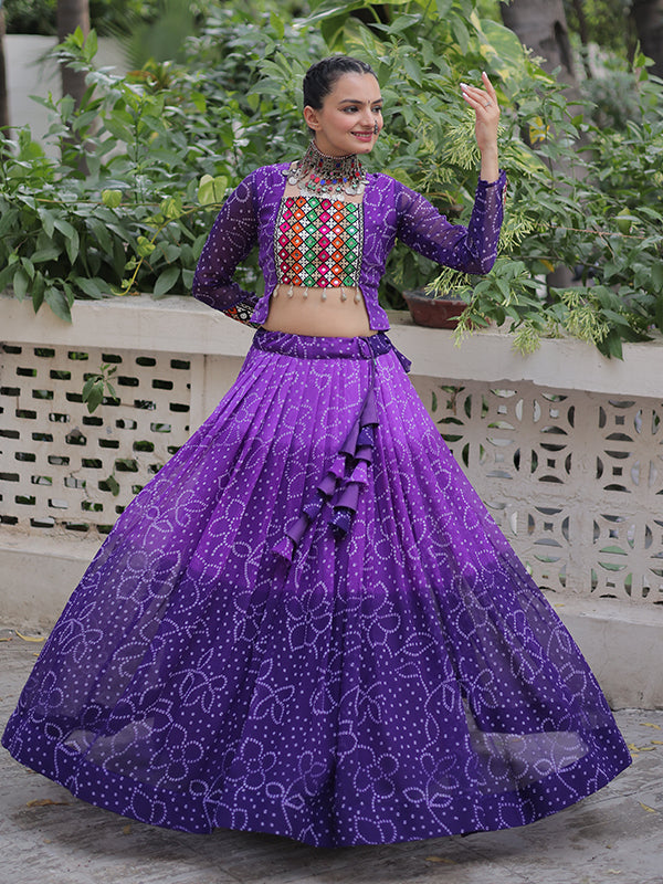 Purple Bandhani Printed Kutchi Gamthi Patch Work Lehenga Choli