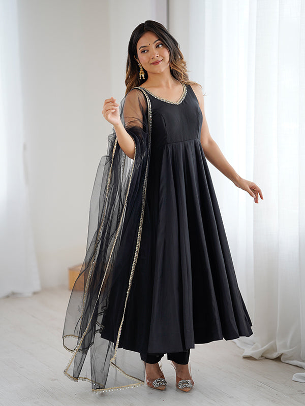 Black Roman Chanderi Silk Fully Flair Anarkali Gown With Dupatta