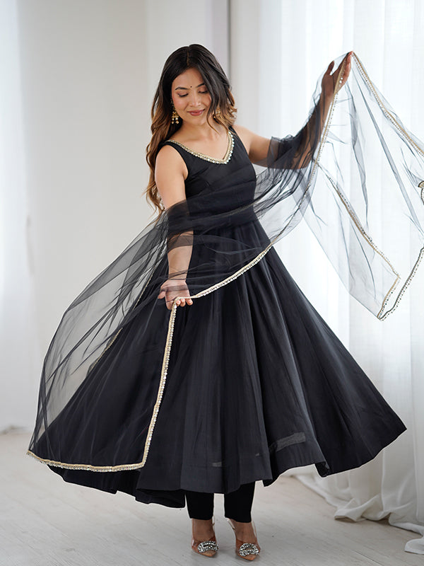Black Roman Chanderi Silk Fully Flair Anarkali Gown With Dupatta