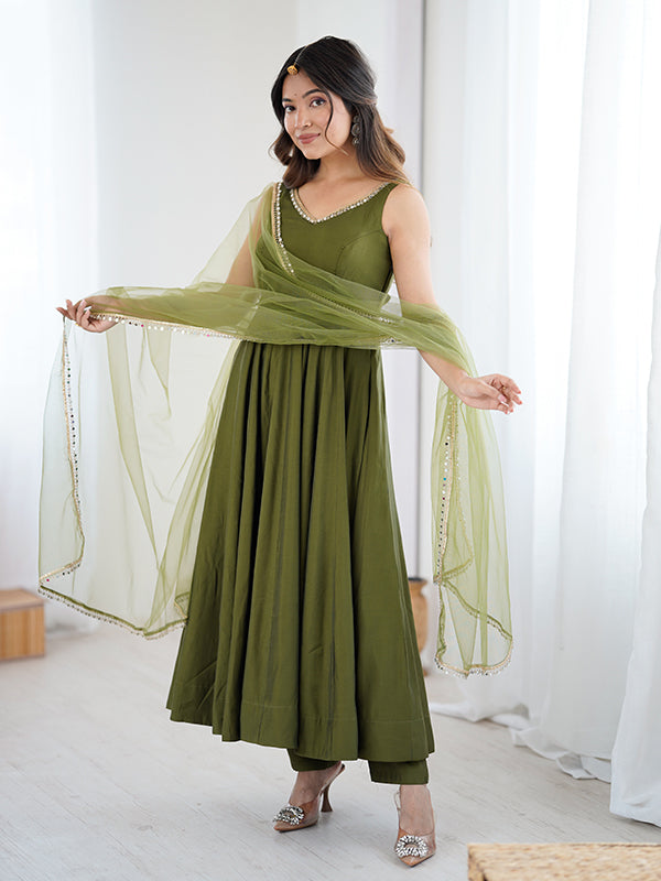 Mehndi Green Roman Chanderi Silk Fully Flair Anarkali Gown With Dupatta