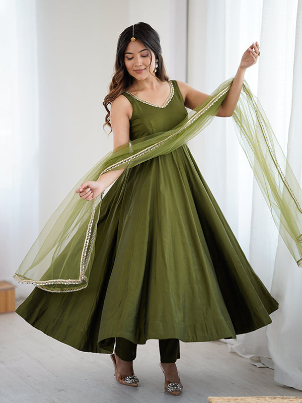 Mehndi Green Roman Chanderi Silk Fully Flair Anarkali Gown With Dupatta