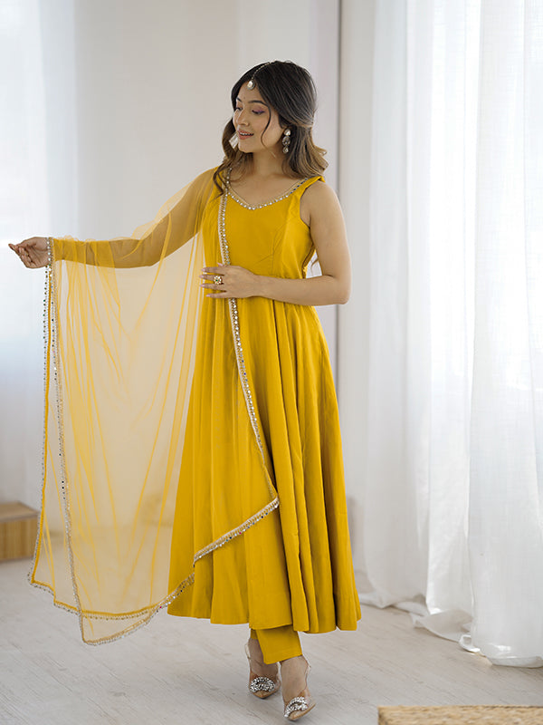 Yellow Roman Chanderi Silk Fully Flair Anarkali Gown With Dupatta
