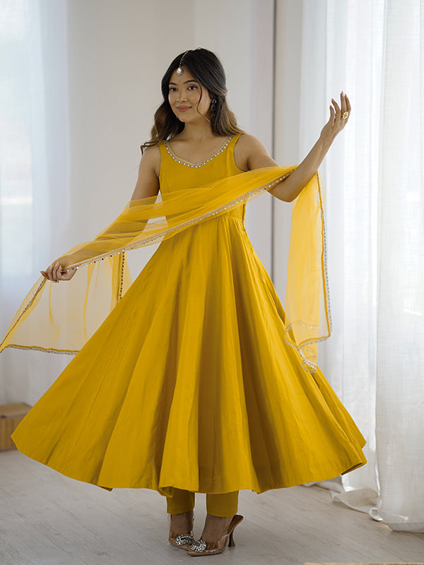 Yellow Roman Chanderi Silk Fully Flair Anarkali Gown With Dupatta