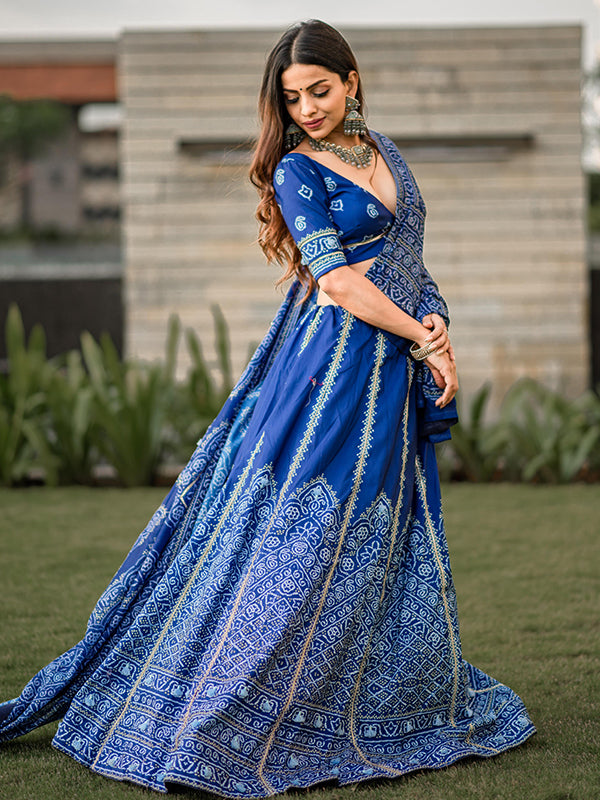 Navy Blue Printed Vaishali Silk Lehenga Choli With Dupatta
