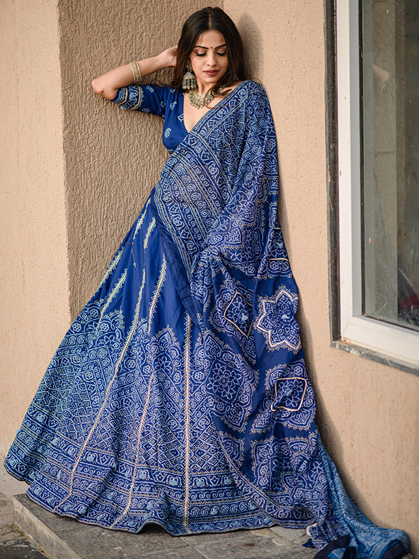 Navy Blue Printed Vaishali Silk Lehenga Choli With Dupatta