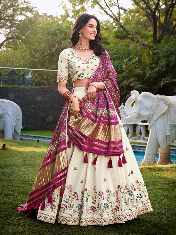 Off White Khadi Cotton Lehenga Choli With Magenta Gaji Silk Dupatta