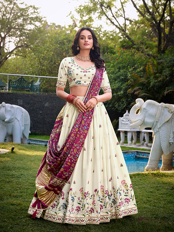 Off White Khadi Cotton Lehenga Choli With Magenta Gaji Silk Dupatta