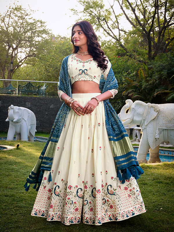 Off White Khadi Cotton Lehenga Choli With Peacock Blue Gaji Silk Dupatta