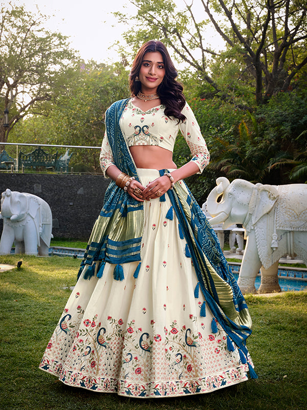 Off White Khadi Cotton Lehenga Choli With Peacock Blue Gaji Silk Dupatta