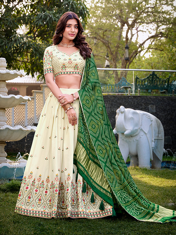 Off White Khadi Cotton Lehenga Choli With Green Gaji Silk Dupatta