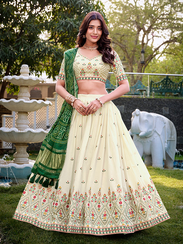 Off White Khadi Cotton Lehenga Choli With Green Gaji Silk Dupatta