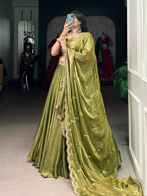 Mehndi Green Sequins Thread Embroidery Work Lehenga Choli With Dupatta