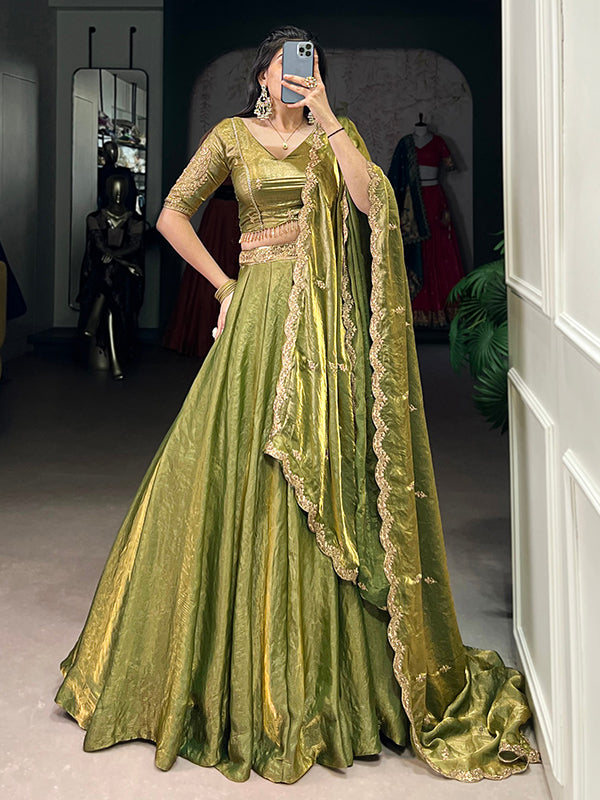 Mehndi Green Sequins Thread Embroidery Work Lehenga Choli With Dupatta