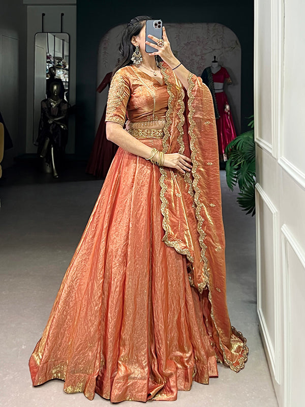 Rust Orange Sequins Thread Embroidery Work Lehenga Choli With Dupatta